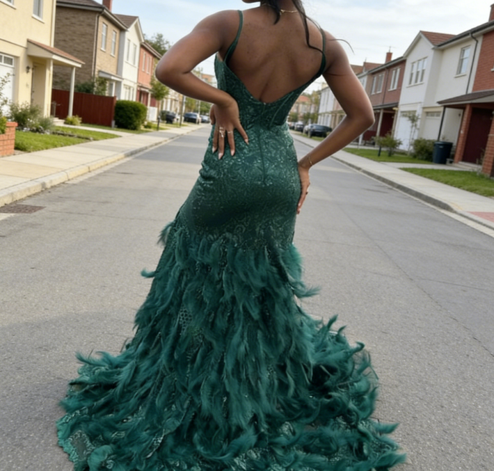 Chic Spaghetti Strap Sheath Long Prom Dresses Feather Applique Green Evening Dresses with Slits ED04771