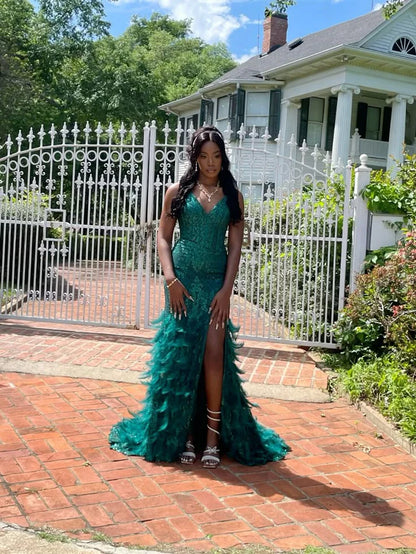 Chic Spaghetti Strap Sheath Long Prom Dresses Feather Applique Green Evening Dresses with Slits ED04771