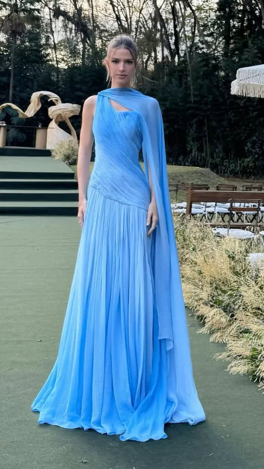 Glam Sheath Long Prom Dresses Chiffon Blue Evening Dresses Elegant Wedding Guest Dresses ED04774