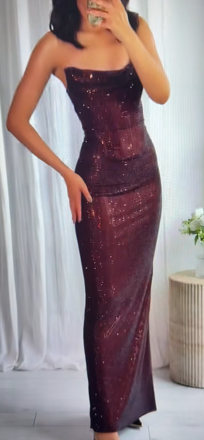 Glam Sheath Long Prom Dresses Sequin Brown Evening Dresses Elegant Strapless Wedding Guest Dresses ED04775