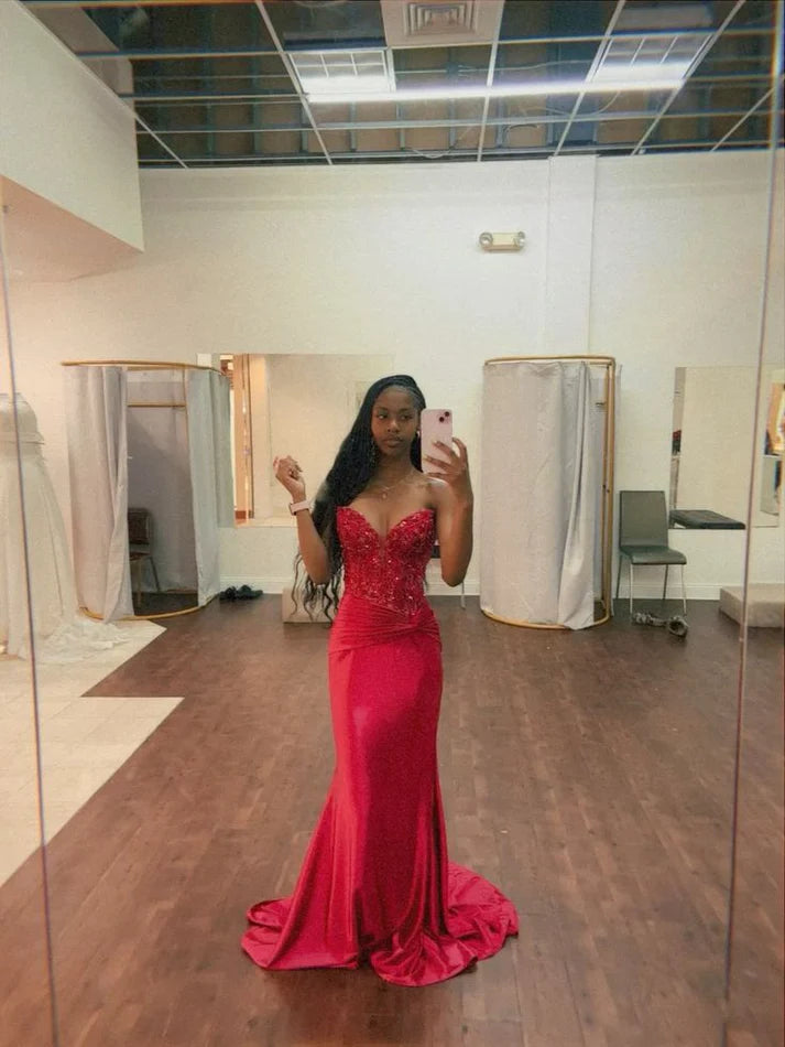 Elegant Sweetheart Neck Mermaid Long Prom Dresses Satin Applique Beading Red New Year's Evening Dresses ED04778