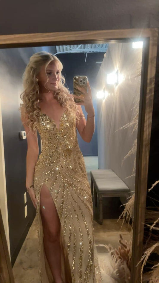 Elegant V-neck Sheath Long Prom Dresses Gold Wedding Guest Dresses ED04785