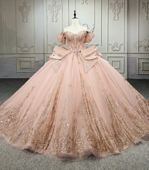 Gorgeous Off-the-Shoulder Ball Gown Tulle Long Prom Dresses Applique Blush Pink Quinceanera Dresses Sweet 16 Dresses ED04786