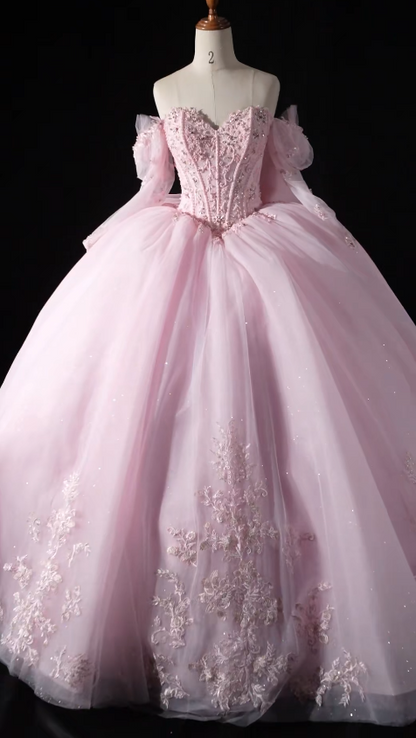 Gorgeous Off-the-Shoulder Ball Gown Tulle Long Prom Dresses Beaded Applique Pink Quinceanera Dresses Sweet 16 Dresses ED04787