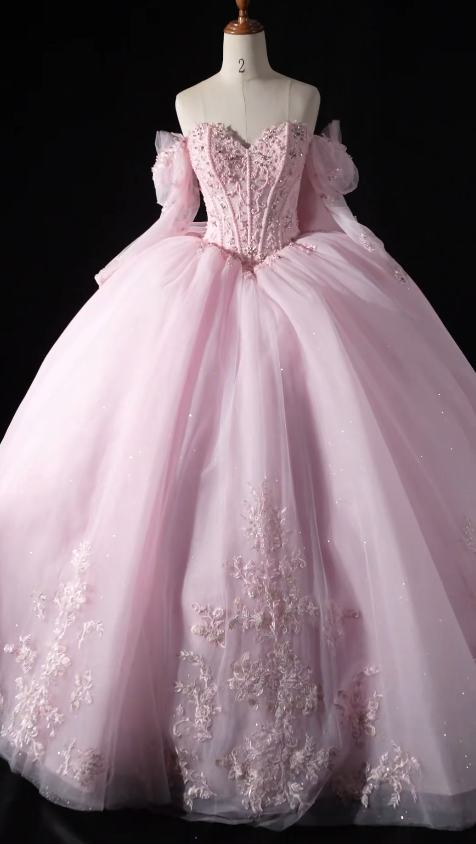 Gorgeous Off-the-Shoulder Ball Gown Tulle Long Prom Dresses Beaded Applique Pink Quinceanera Dresses Sweet 16 Dresses ED04787