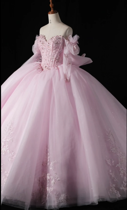 Gorgeous Off-the-Shoulder Ball Gown Tulle Long Prom Dresses Beaded Applique Pink Quinceanera Dresses Sweet 16 Dresses ED04787