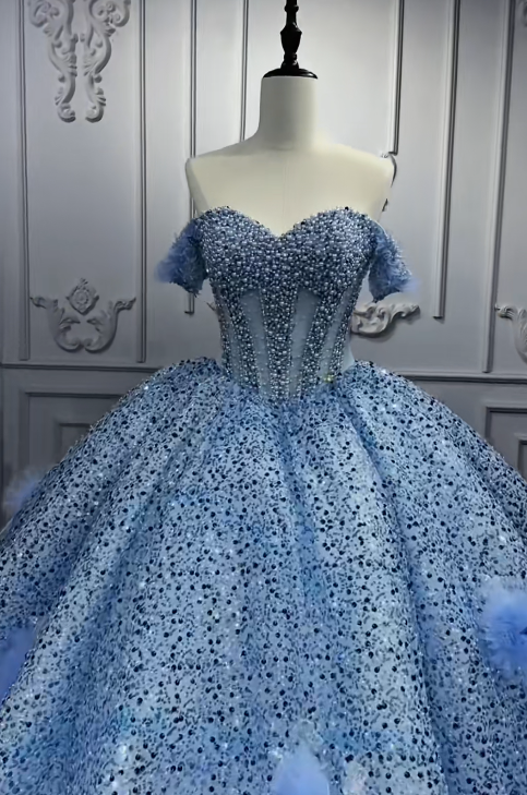 Cinderella Off-the-shoulder Ball Gown Tulle Long Prom Dresses Beaded Applique Blue Quinceanera Dresses Sweet 16 Dresses ED04788