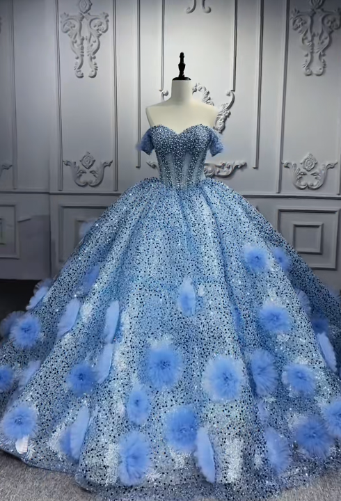 Cinderella Off-the-shoulder Ball Gown Tulle Long Prom Dresses Beaded Applique Blue Quinceanera Dresses Sweet 16 Dresses ED04788