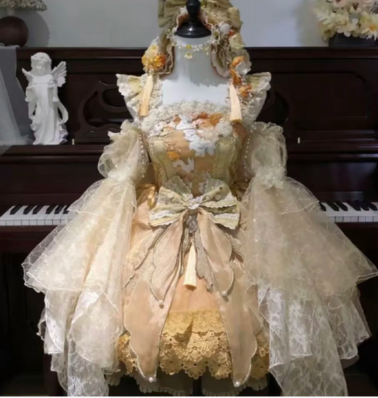 Cute Lace Strap Ball Gown Applique Birthday Evening Dress Yellow Long Sleeve Short Lolita Dresses ED04789