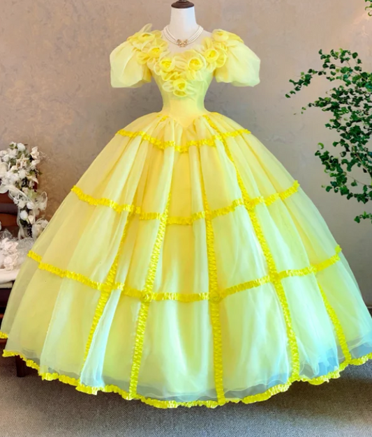 Cinderella Short Sleeve Ball Gown Tulle Long Prom Dresses Flower Yellow Quinceanera Dresses Sweet 16 Dresses ED04790