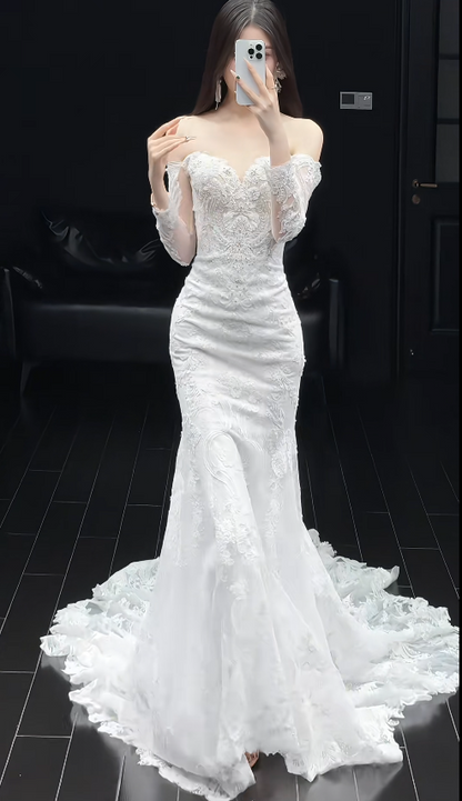 Elegant Off-the-shoulder Mermaid Wedding Dresses with Train Beading Lace White Bridal Gowns Applique Long Sleeve Bridal Dresses ED04793