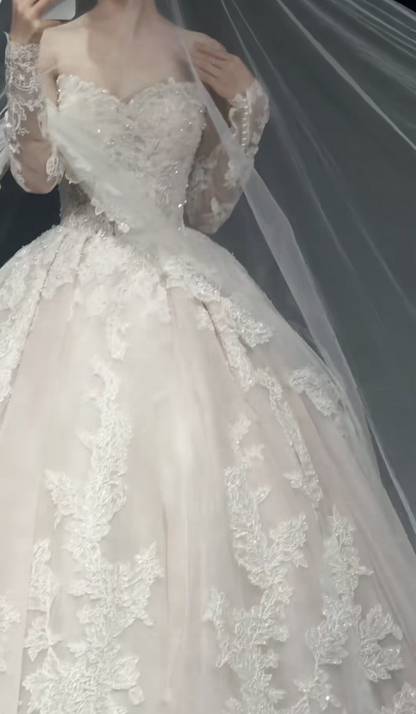 Elegant Sweetheart Neck Ball Gown Lace Wedding Dresses Applique White Bridal Gowns Sleeveless Bridal Dresses ED04795