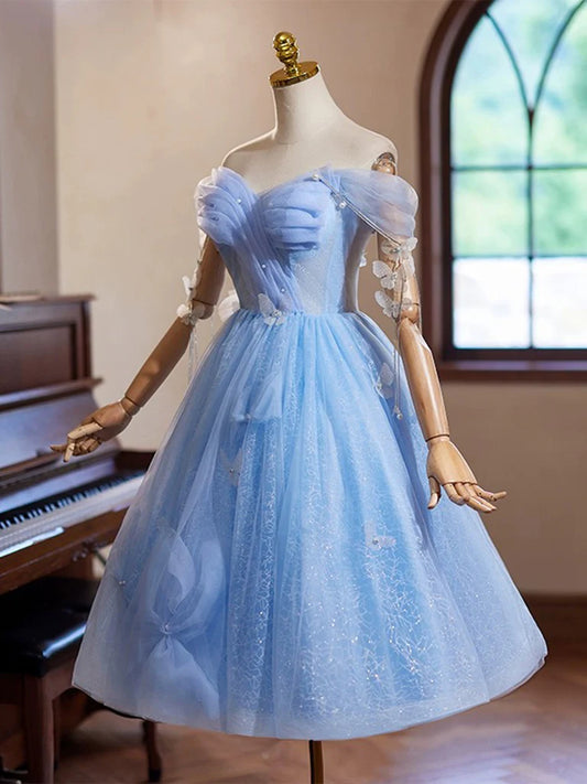Robe de bal courte bleue à col en cœur et épaules dénudées avec perles ED048