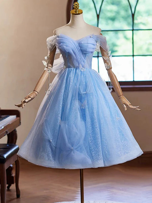 Robe de bal courte bleue à col en cœur et épaules dénudées avec perles ED048