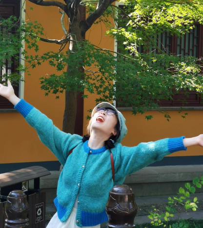 Mohair contrasting round neck knitted cardigan ED0481