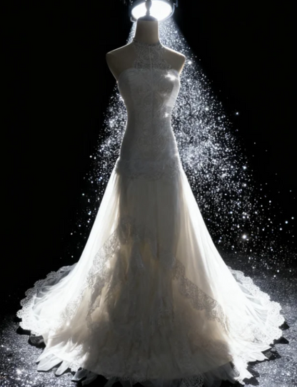 Vintage Halter Neck Sheath Long Wedding Dresses Sleeveless Bridal Gowns Tulle Lace Bridal Dresses ED04813
