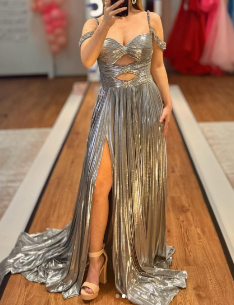 Sparkly Off-the-Shoulder Sheath Silver Long Prom Dresses Pleated Long Birthday Dresses Slit Silver Evening Dresses ED04818