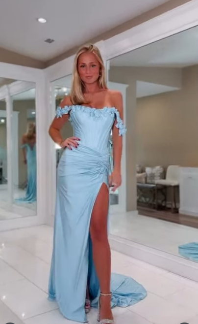 Elegant Off-the-shoulder Sheath Blue Long Prom Dresses Satin Blue Formal Dresses Slit Wedding Guest Dresses ED04819