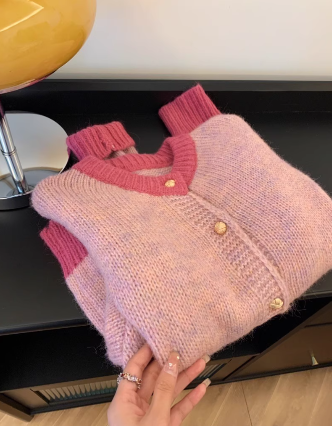 Mohair contrasting round neck knitted cardigan ED0481