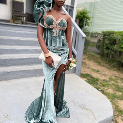 Sexy One Shoulder Sheath Green Long Prom Dresses Velvet Sleeveless Formal Dresses Green Evening Dresses ED04825