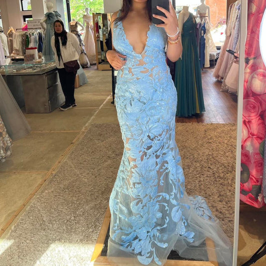 Sexy V-neck Mermaid Blue Long Prom Dresses Applique Tulle Open Back Formal Dresses Blue Evening Dresses ED04826