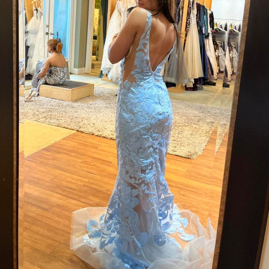 Sexy V-neck Mermaid Blue Long Prom Dresses Applique Tulle Open Back Formal Dresses Blue Evening Dresses ED04826