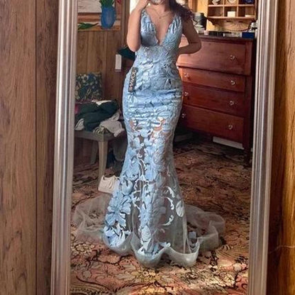 Sexy V-neck Mermaid Blue Long Prom Dresses Applique Tulle Open Back Formal Dresses Blue Evening Dresses ED04826