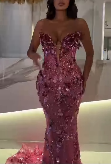 Sexy Sweetheart Mermaid Pink Long Prom Dresses Tulle Sequin Pink Evening Dresses ED04828