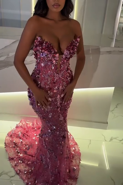 Sexy Sweetheart Mermaid Pink Long Prom Dresses Tulle Sequin Pink Evening Dresses ED04828