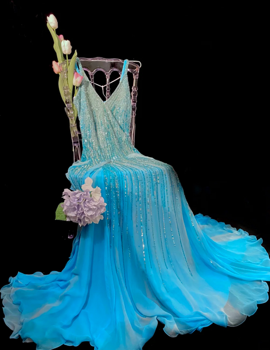 Vintage V-neck Sheath Blue Long Prom Dresses Chiffon Beaded Blue Long Formal Dresses ED04830