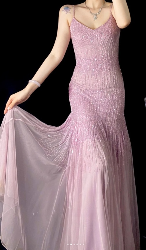 Vintage Spaghetti Strap Sheath Pink Long Prom Dresses Chiffon Beaded Pink Long Formal Dresses ED04831