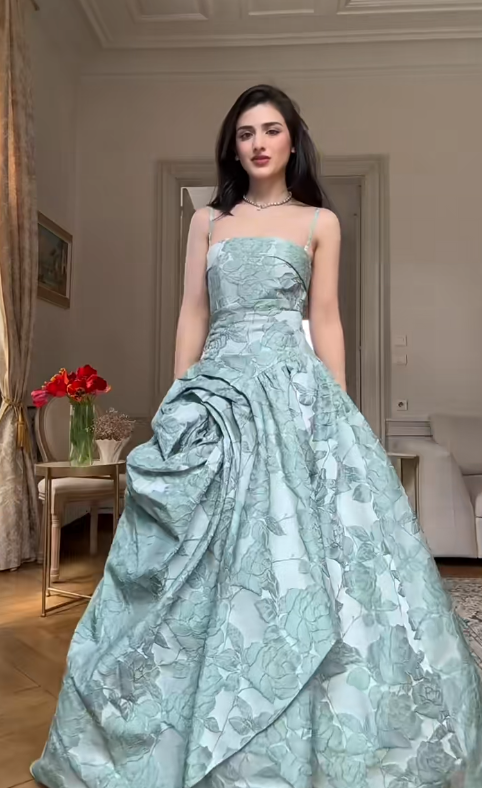 Chic Spaghetti Strap A-Line Green Long Prom Dresses Jacquard Satin Green Long Formal Dresses ED04832