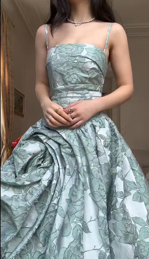 Chic Spaghetti Strap A-Line Green Long Prom Dresses Jacquard Satin Green Long Formal Dresses ED04832