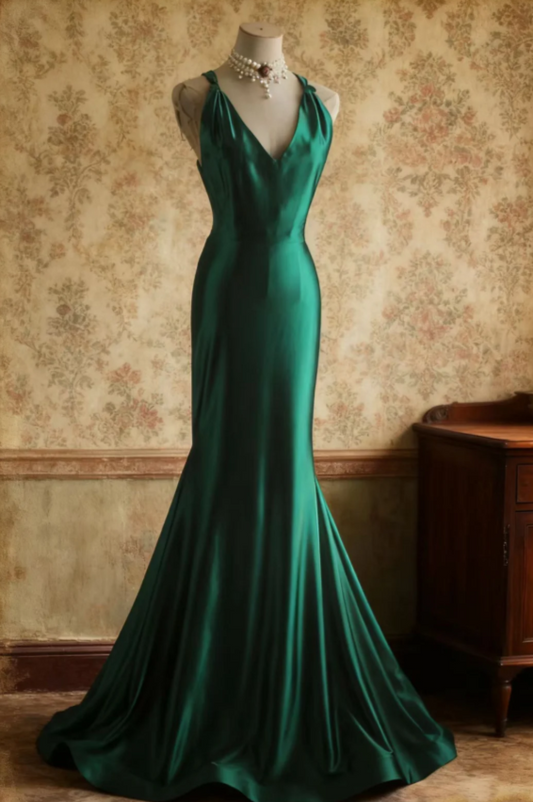 Vintage V-neck Mermaid Green Long Prom Dresses Satin Green Long Formal Dresses Sleeveless Wedding Guest Dresses ED04833