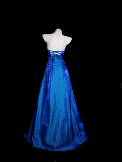 Cute Strapless A-Line Long Prom Dresses Satin Blue Formal Dresses Blue Halloween Dresses ED04834