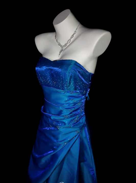 Cute Strapless A-Line Long Prom Dresses Satin Blue Formal Dresses Blue Halloween Dresses ED04834