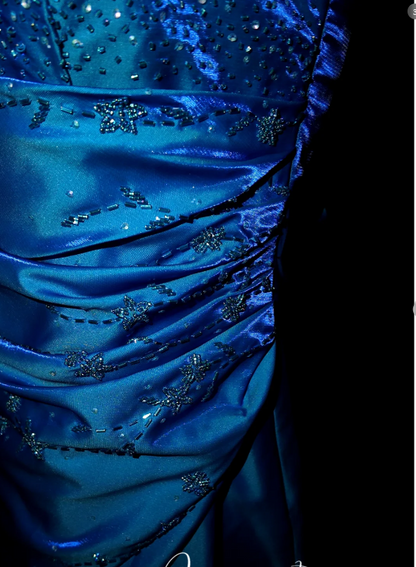 Cute Strapless A-Line Long Prom Dresses Satin Blue Formal Dresses Blue Halloween Dresses ED04834