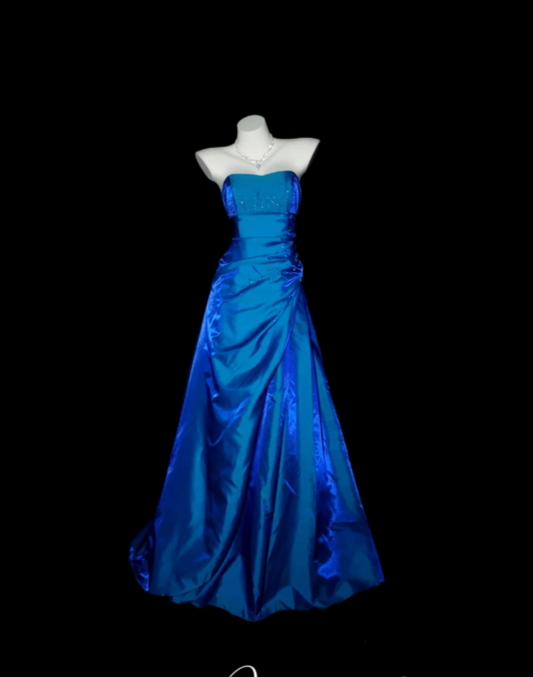 Cute Strapless A-Line Long Prom Dresses Satin Blue Formal Dresses Blue Halloween Dresses ED04834