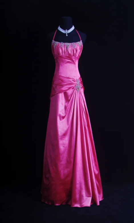 Vintage Halter Neck Sheath Long Prom Dresses Satin Hot Pink Formal Dresses Hot Pink Halloween Dresses ED04835