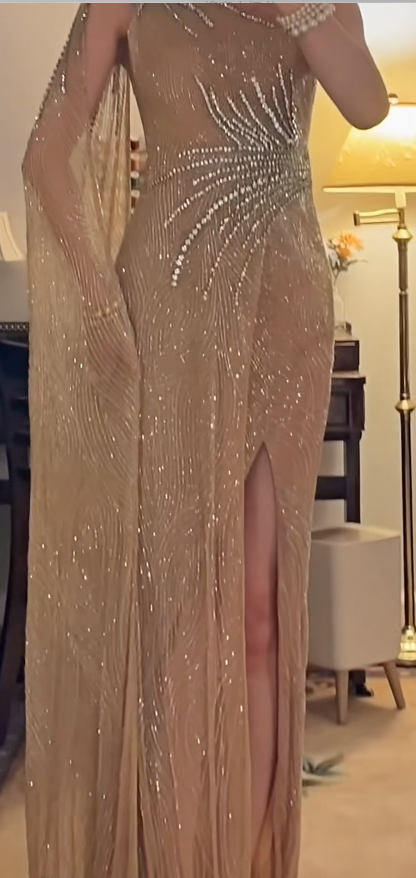 Elegant One Shoulder Sheath Long Prom Dresses Rhinestone Tulle Champagne Formal Dresses Champagne Halloween Dresses ED04836