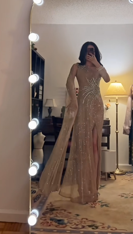 Elegant One Shoulder Sheath Long Prom Dresses Rhinestone Tulle Champagne Formal Dresses Champagne Halloween Dresses ED04836