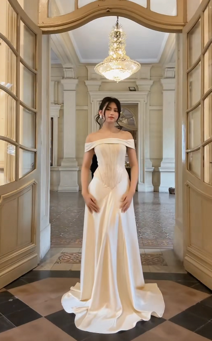 Elegant Off-the-shoulder Sheath Long Formal Dresses Satin White Evening Gowns White Wedding Guest Dresses ED04838