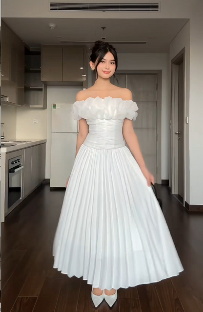 Elegant Off-the-shoulder Sheath Ankle-length Formal Dresses Pleated White Birthday Chiffon White Wedding Guest Dresses ED04839