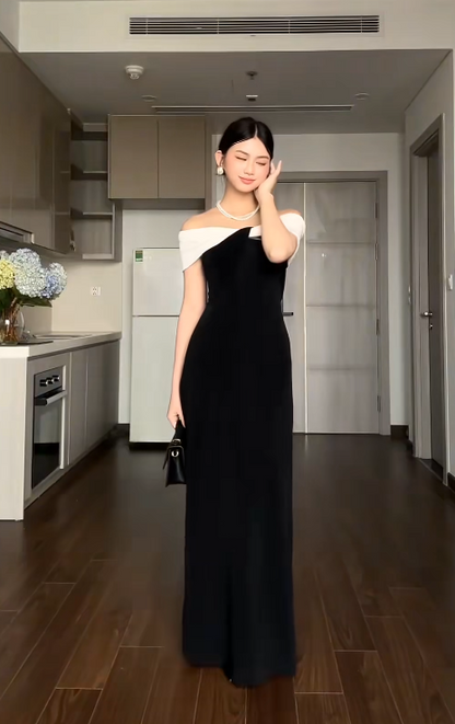 Elegant Off-the-shoulder Sheath Long Formal Dresses Satin Black Evening Dresses ED04840