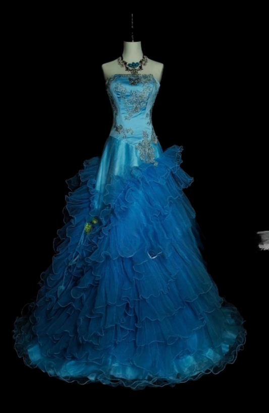 Fairy Strapless Ball Gown Blue Long Prom Dresses Tulle Blue Quinceanera Dresses Sweet 16 Dress ED04842