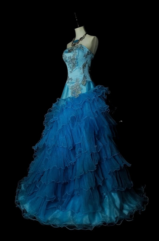 Fairy Strapless Ball Gown Blue Long Prom Dresses Tulle Blue Quinceanera Dresses Sweet 16 Dress ED04842