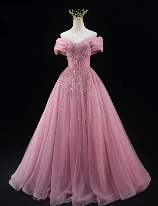 Cute Off-the-shoulder A-Line Pink Long Prom Dresses Beaded Tulle Pink Quinceanera Dresses Sweet 16 Dress ED04844