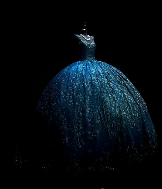 Fairy Spaghetti Strap Ball Gown Blue Long Prom Dresses Tulle Applique Blue Quinceaña DResses Sweet 16 Dress ED04846