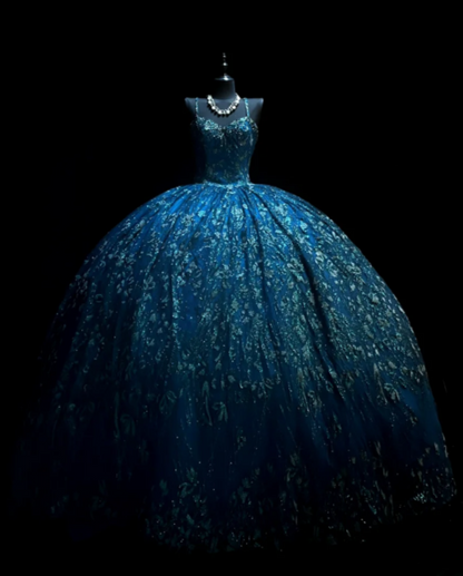Fairy Spaghetti Strap Ball Gown Blue Long Prom Dresses Tulle Applique Blue Quinceaña DResses Sweet 16 Dress ED04846