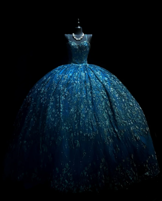 Fairy Spaghetti Strap Ball Gown Blue Long Prom Dresses Tulle Applique Blue Quinceaña DResses Sweet 16 Dress ED04846